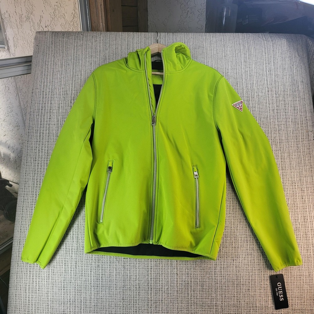 Guess Jacket Mens Small Lime Green Hooded Softshell Full‎ Zip Fleece Lined Logo
